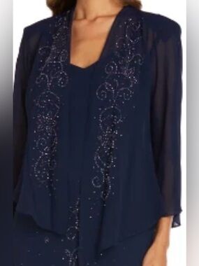 R&M Richards Navy Beaded Women's Blouse Jacket